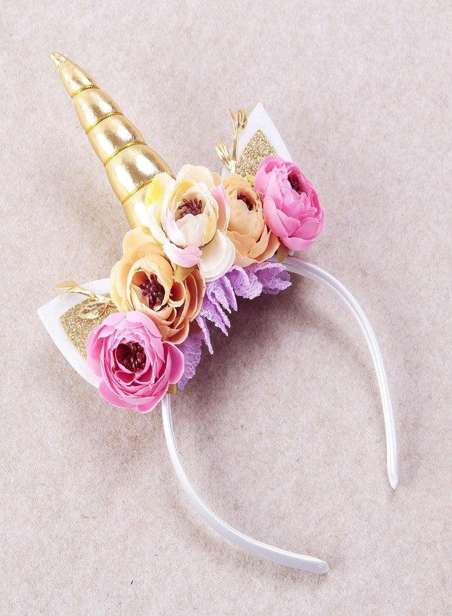 Nishine Girls Glitter Unicorn Horn Headband Camellia Pony Head Band Flower Hair Band Tiara for Party Birthday Gift (Gold&Pink) - Image 4
